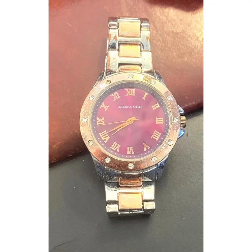 35mm Two Tone Jessica Carlyle Watch, Maroon Face, Crystal Accents